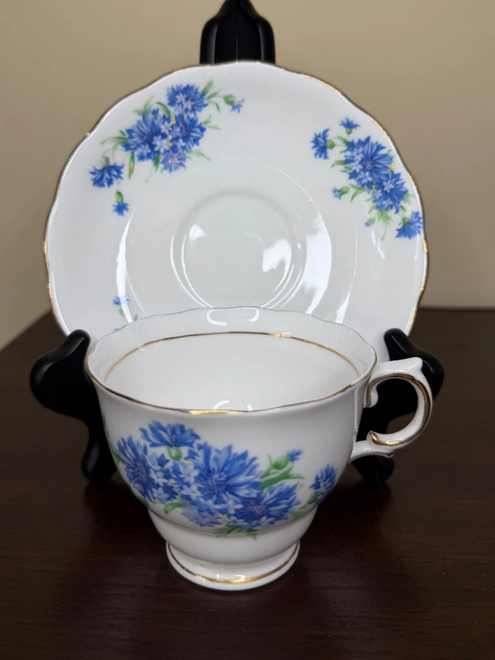 Vintage Colclough Cornflower Blue White Tea Cup & Saucer Set England Gilt Gold